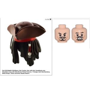 (20) New LEGO Jack Sparrow POTC Minifigure Heads & Hair/Hat Headpiece Sealed LOT